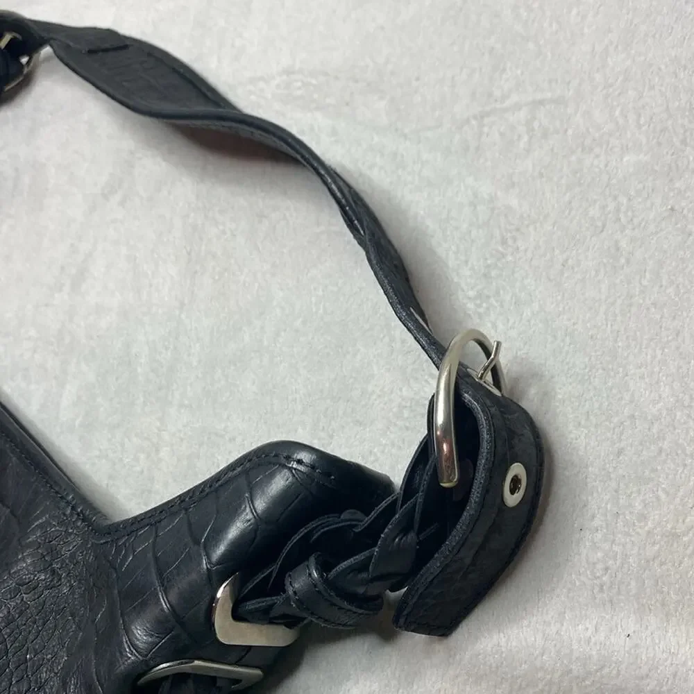 Stuart Weitzman Black Crocodile-Embossed Leather Hobo Bag Silver Hardware